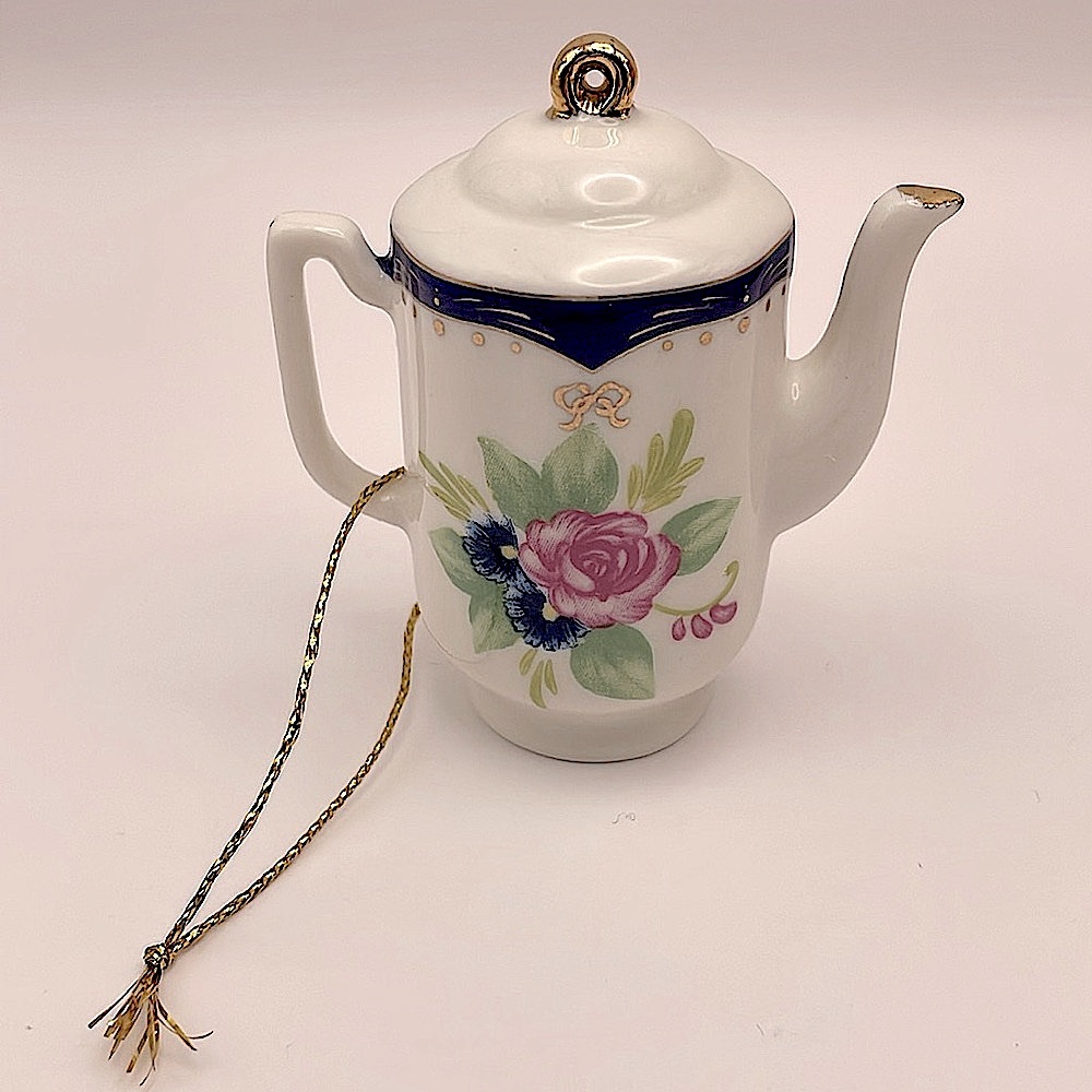Vintage, China Coffee Pot Ornament, Roses/Blue Flowers, White with Gold Accents